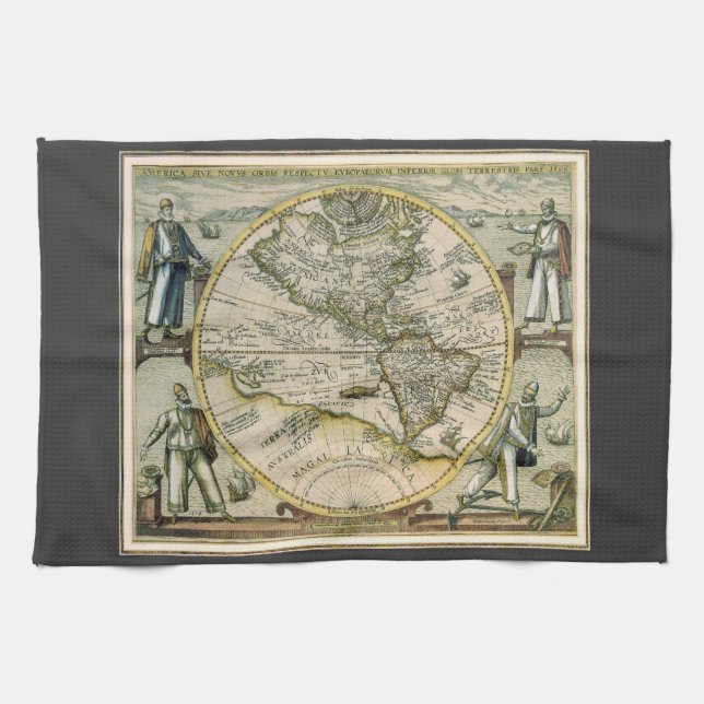 Antique Map, 1596, America Sive Novus Orbis Tea Towel (Horizontal)