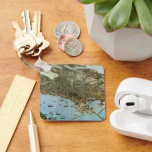 Antique Map Aerial View City of Seattle Washington Key Ring
