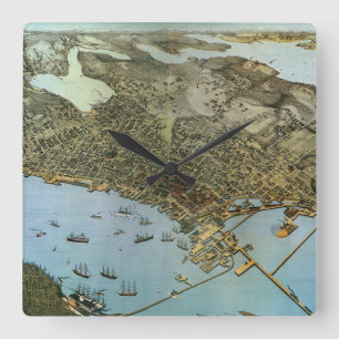 Antique Map Aerial View City of Seattle Washington Square Wall Clock