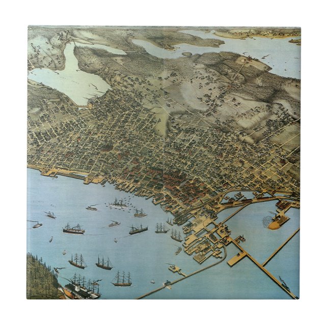 Antique Map Aerial View City of Seattle Washington Tile (Front)
