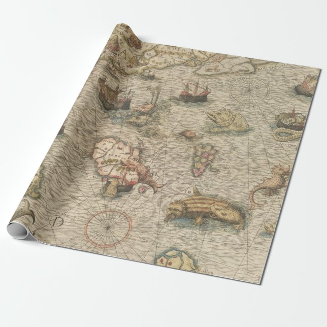 Antique Map and Sea Creatures Wrapping Paper (Unrolled)