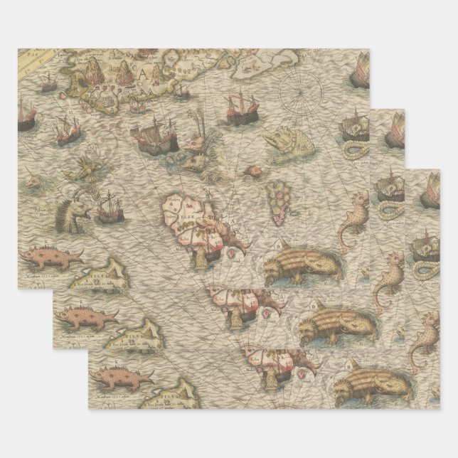 Antique Map and Sea Creatures Wrapping Paper Sheet (Set)