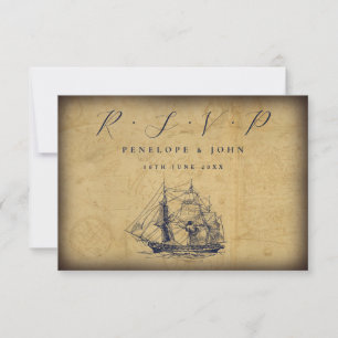 Antique Map Nautical Ship Illustration Wedding RSVP Card