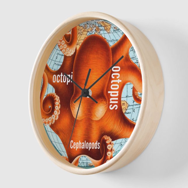 Antique Map Octopus Wall Clock (Angle)