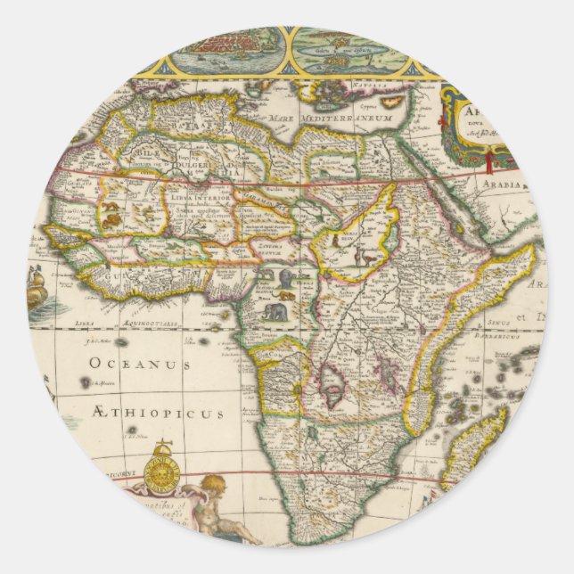 Antique Map of Africa by Hondius and Jansson Classic Round Sticker (Front)