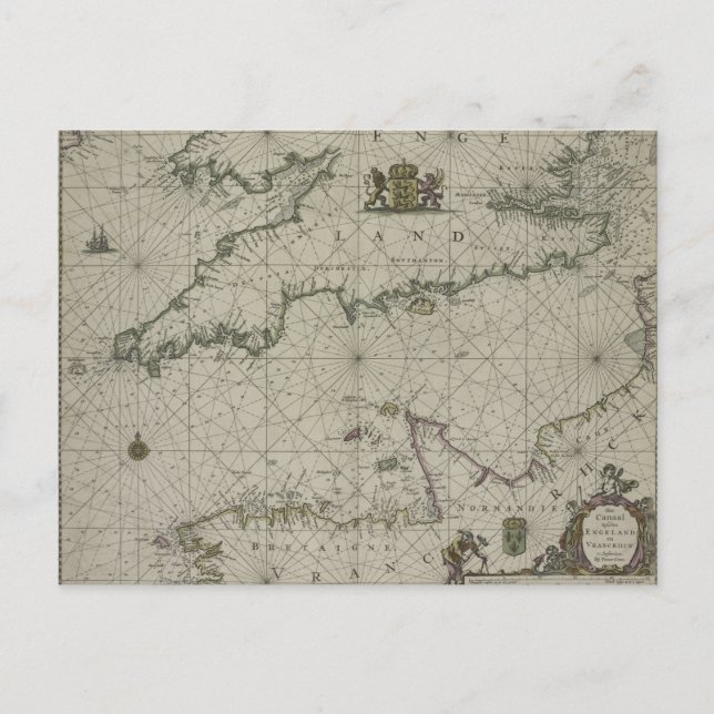 Antique Map of Channel, 1666 (colour engraving) Postcard (Front)