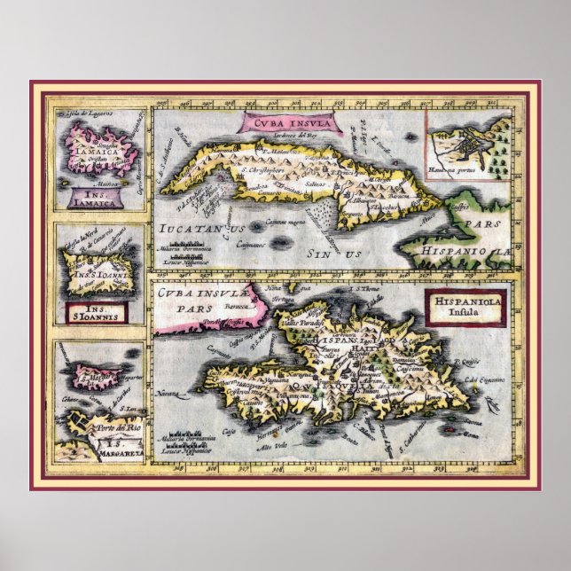 Antique Map of Cuba, Haiti, Caribbean Islands Poster (Front)
