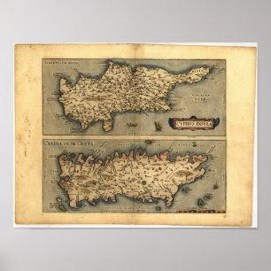 Antique Map of Cyprus ORTELIUS ATLAS 1570 A.D. Poster