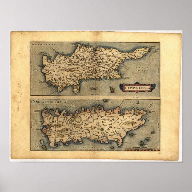 Antique Map of Cyprus ORTELIUS ATLAS 1570 A.D. Poster (Front)