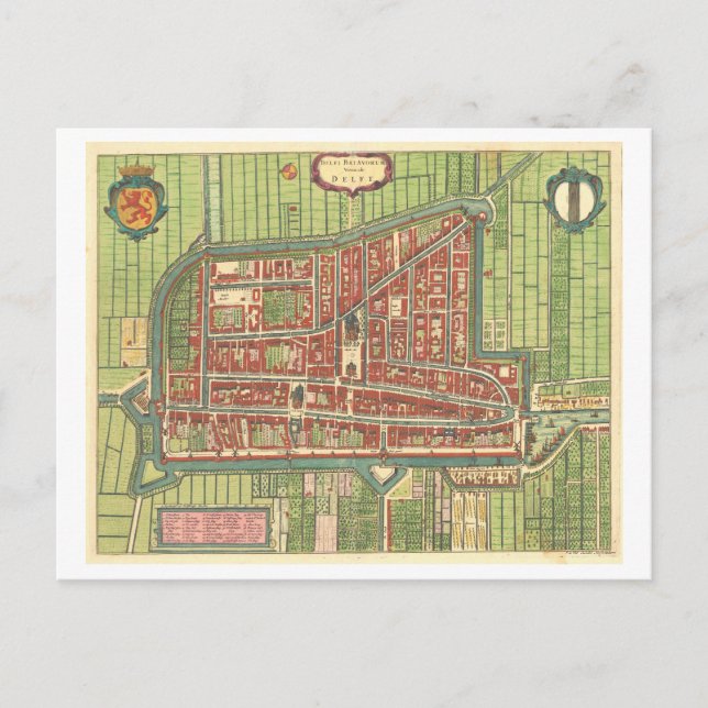 Antique Map of Delft, Netherlands, Postcard (Front)