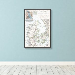Antique Map of Denmark, Danmark in Danish, 1905 Canvas Print