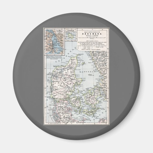 Antique Map of Denmark, Danmark in Danish, 1905 Magnet (Front)