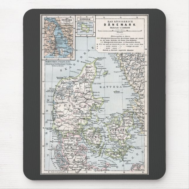 Antique Map of Denmark, Danmark in Danish, 1905 Mouse Mat (Front)