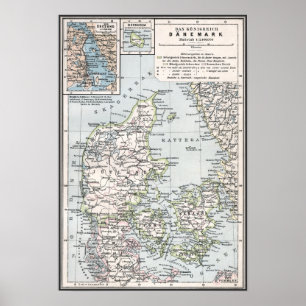 Antique Map of Denmark, Danmark in Danish, 1905 Poster