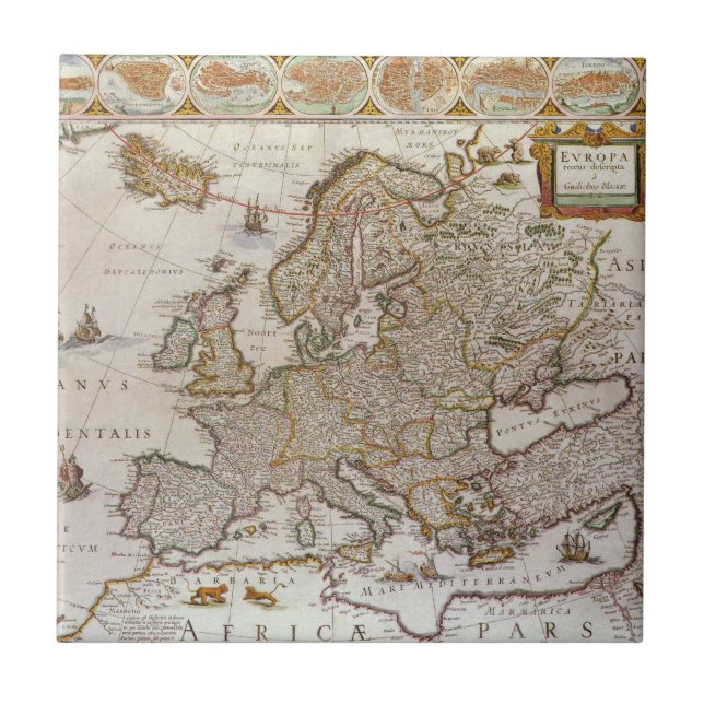 Antique Map of Europe by Willem Jansz Blaeu, c1617 Tile (Front)