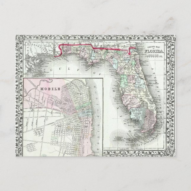 Antique Map of Florida & Mobile, Alabama Postcard (Front)