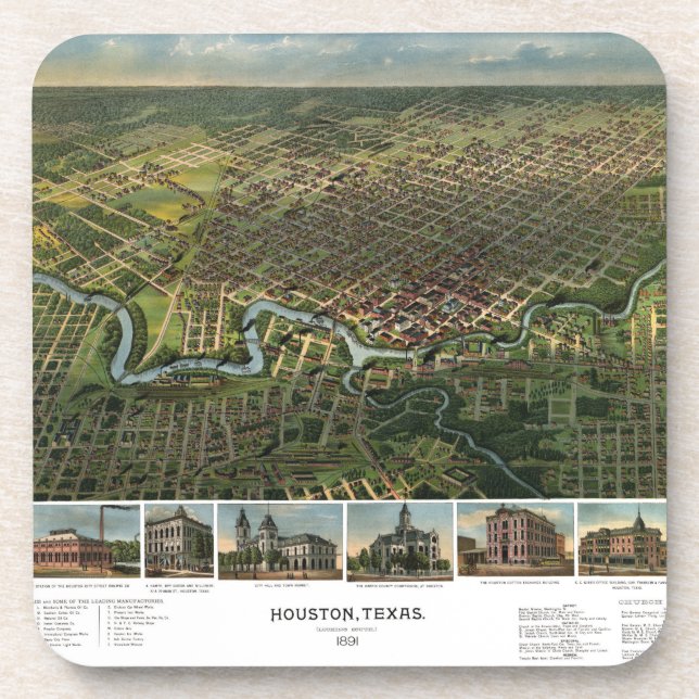 Antique Map of Houston, Texas with Buffalo River Coaster (Front)