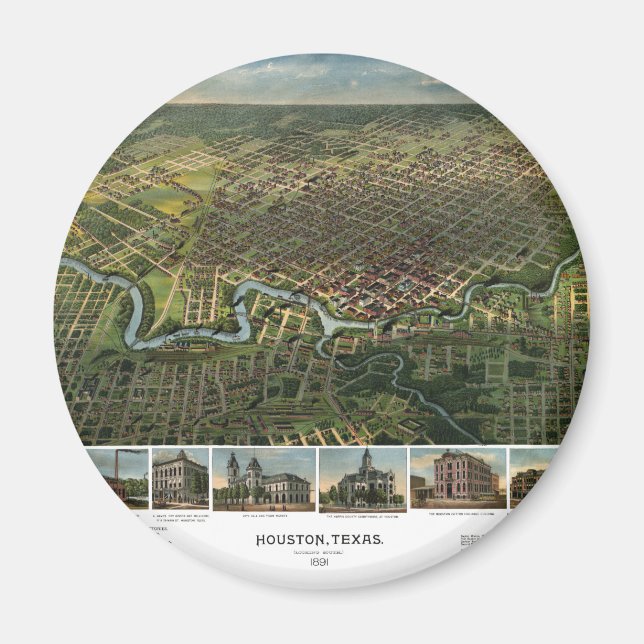 Antique Map of Houston, Texas with Buffalo River Magnet (Front)