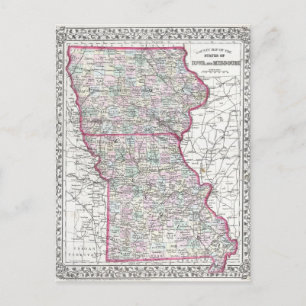 Antique Map of Iowa & Missouri circa 1874 Postcard
