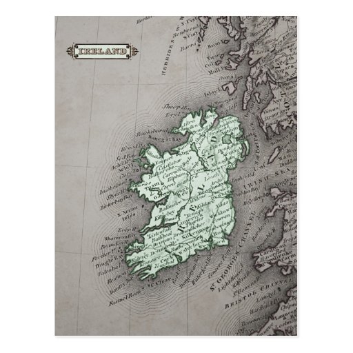 Image of Antique map of Ireland, green Postcard