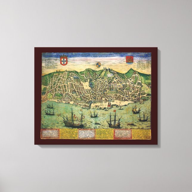 Antique Map of Lisbon, Portugal by Braun/Hogenberg Canvas Print (Front)