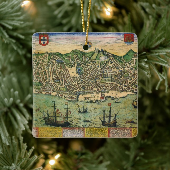 Antique Map of Lisbon, Portugal by Braun/Hogenberg Ceramic Ornament (Tree)