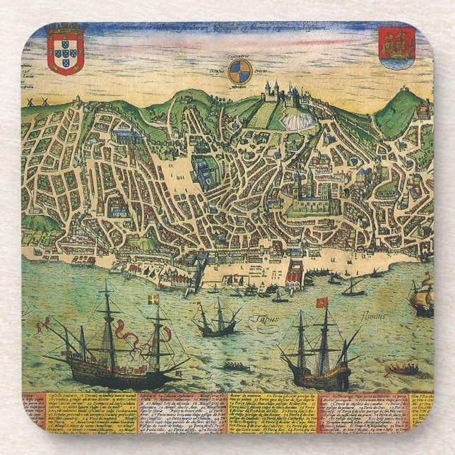Antique Map of Lisbon, Portugal by Braun/Hogenberg Coaster (Front)