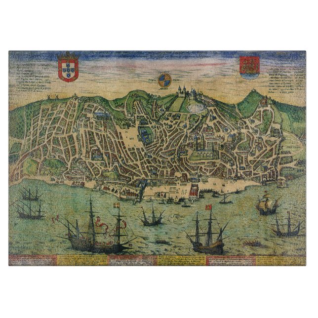 Antique Map of Lisbon, Portugal by Braun/Hogenberg Cutting Board (Front)