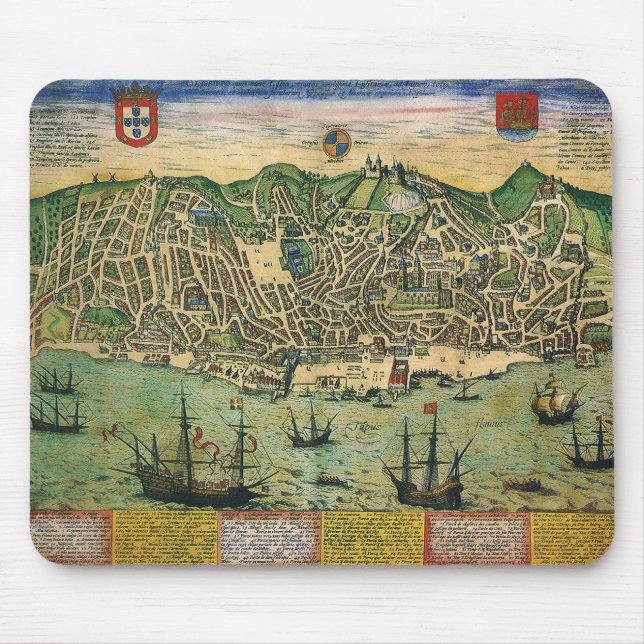 Antique Map of Lisbon, Portugal by Braun/Hogenberg Mouse Mat (Front)