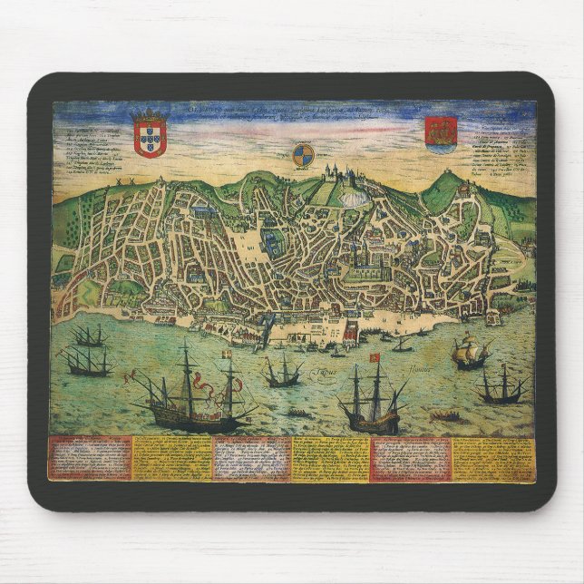Antique Map of Lisbon, Portugal by Braun/Hogenberg Mouse Mat (Front)