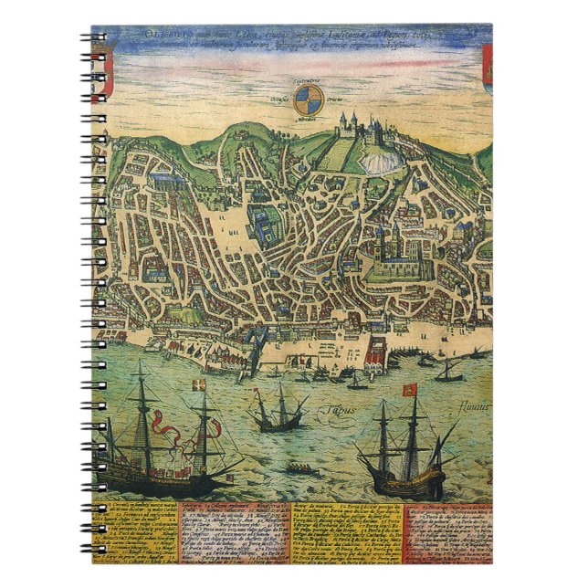 Antique Map of Lisbon, Portugal by Braun/Hogenberg Notebook (Front)