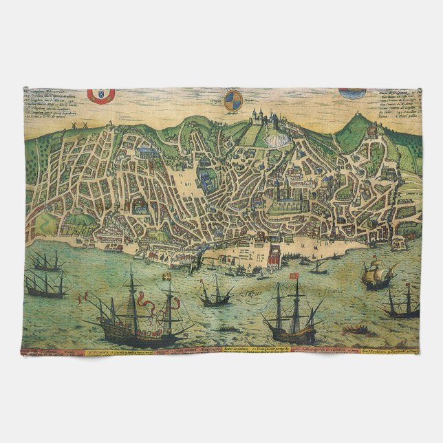 Antique Map of Lisbon, Portugal by Braun/Hogenberg Tea Towel (Horizontal)