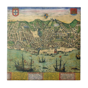 Antique Map of Lisbon, Portugal by Braun/Hogenberg Tile