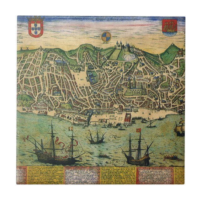 Antique Map of Lisbon, Portugal by Braun/Hogenberg Tile (Front)