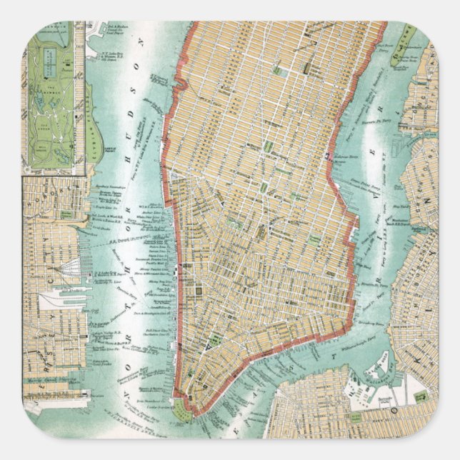 Antique Map of Lower Manhattan and Central Park Square Sticker (Front)