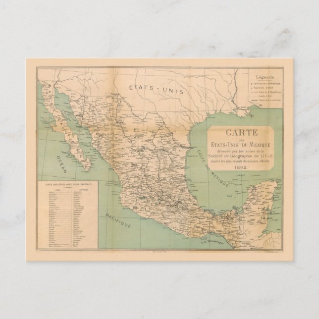 Antique Map of Mexico Etats Unis du Mexique Postcard (Front)