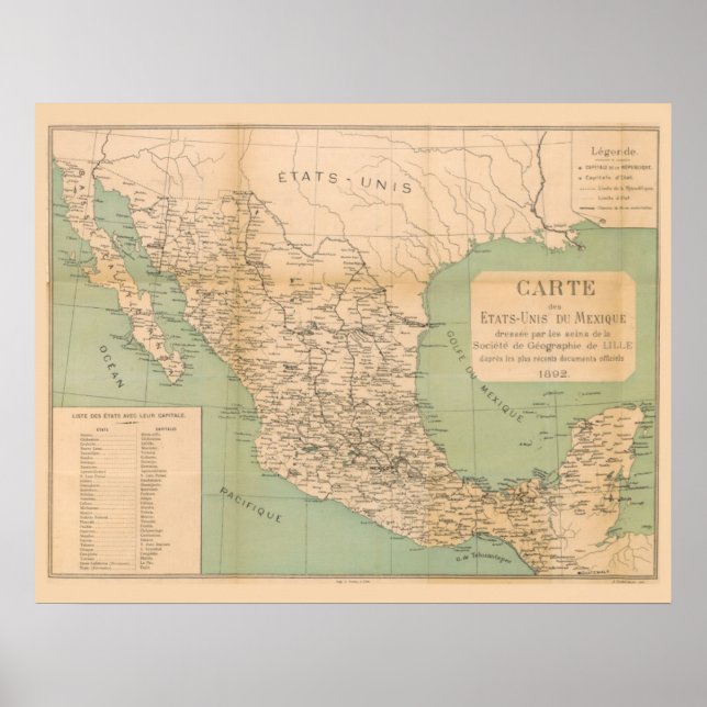 Antique Map of Mexico Etats Unis du Mexique Poster (Front)
