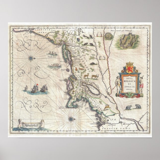 Antique Map of New York, New England Poster (Front)