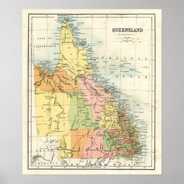 Antique map of Queensland Australia Poster (Front)