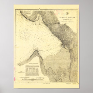Antique Map of Seattle Harbour and Puget Sound Poster