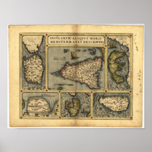Antique Map of Sicily ORTELIUS ATLAS 1570 A.D. Poster