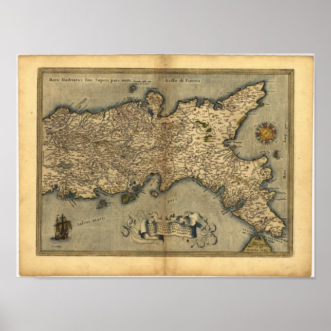 Antique Map of Southern Italy ORTELIUS ATLAS 1570 Poster (Front)
