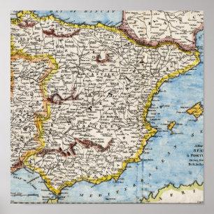 Antique Map of Spain & Portugal circa 1700's Poster