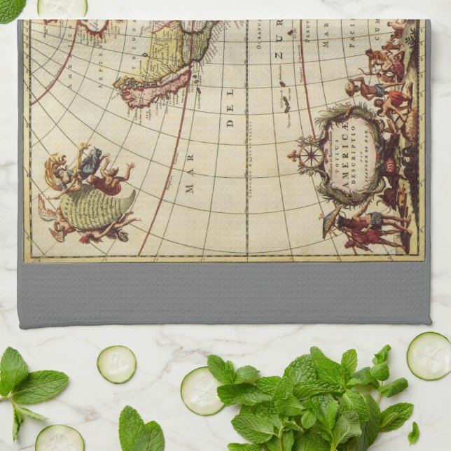 Antique Map of the Americas by Johannes De Ram Tea Towel (Folded)