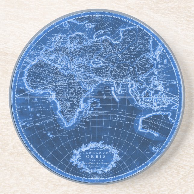 Antique Map of the World in Blue Coaster (Front)