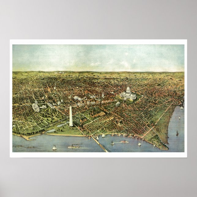 Antique Map, Panoramic View of Washington DC Poster (Front)