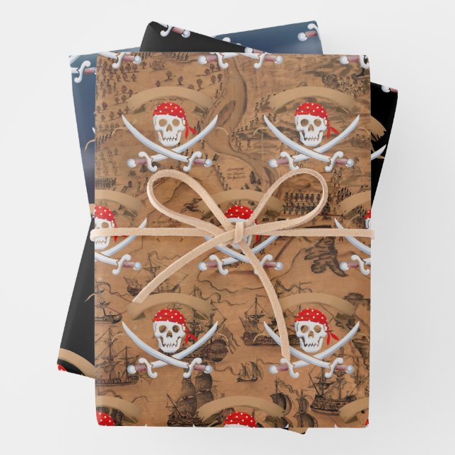 Antique map Pirate Jolly Roger birthday party Wrapping Paper Sheet (In situ)