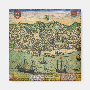 Antique Map, Town Plan of Lisbon, Portugal, 1598 Magnet