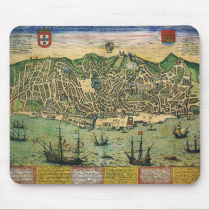 Antique Map, Town Plan of Lisbon, Portugal, 1598 Mouse Mat