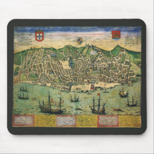 Antique Map, Town Plan of Lisbon, Portugal, 1598 Mouse Mat